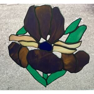 10”h Sun-catcher Iris Stained Glass Window Hanging Purple Green Beautiful